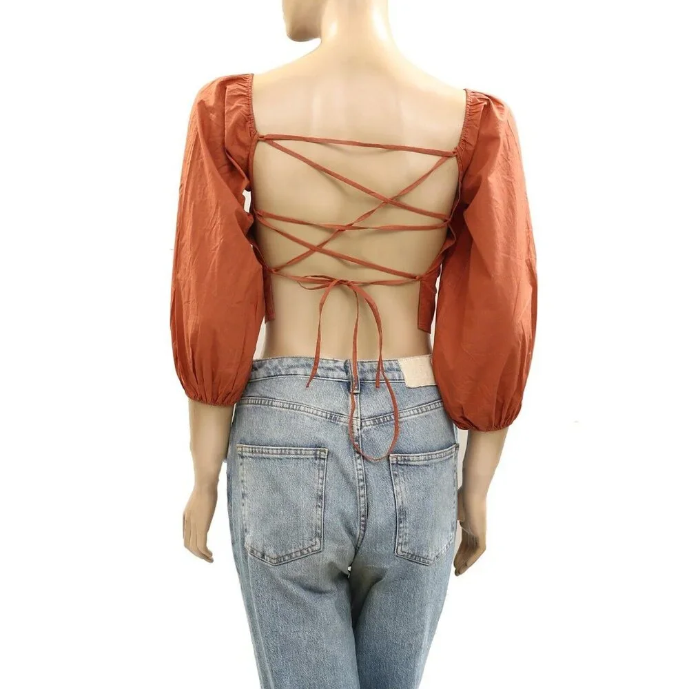 Leger By Lena Gercke Brown Cropped Blouse Top Balloon Sleeve LaceUp XS-34 277972